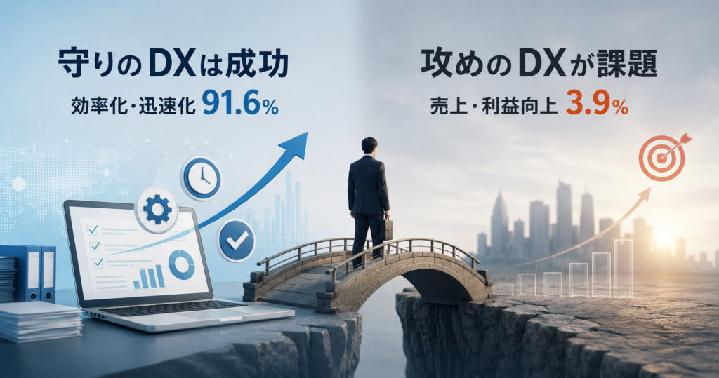AI導入の効果、業務効率化91.6%・売上向上3.9% ─ 攻めのDXに届かない本当の理由